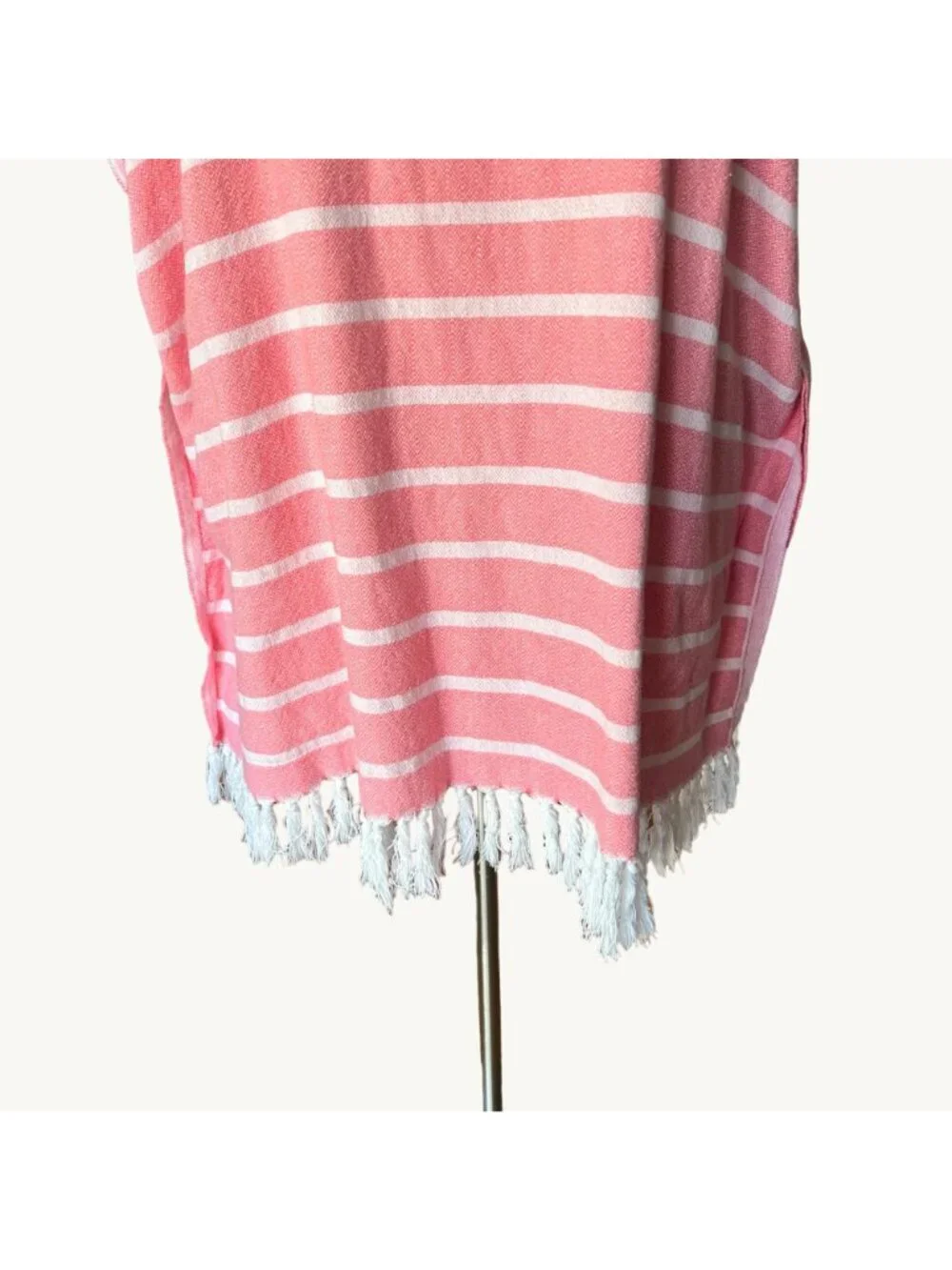 Jennifer Shamam OS Pink & White Striped Hand Woven Tassel Kaftan Beach Cover Up